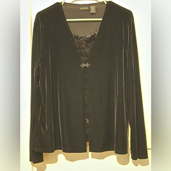 Vintage 90’s George Black Floral Velvet Layered Long Sleeve Cardigan Top - Picture 2 of 10